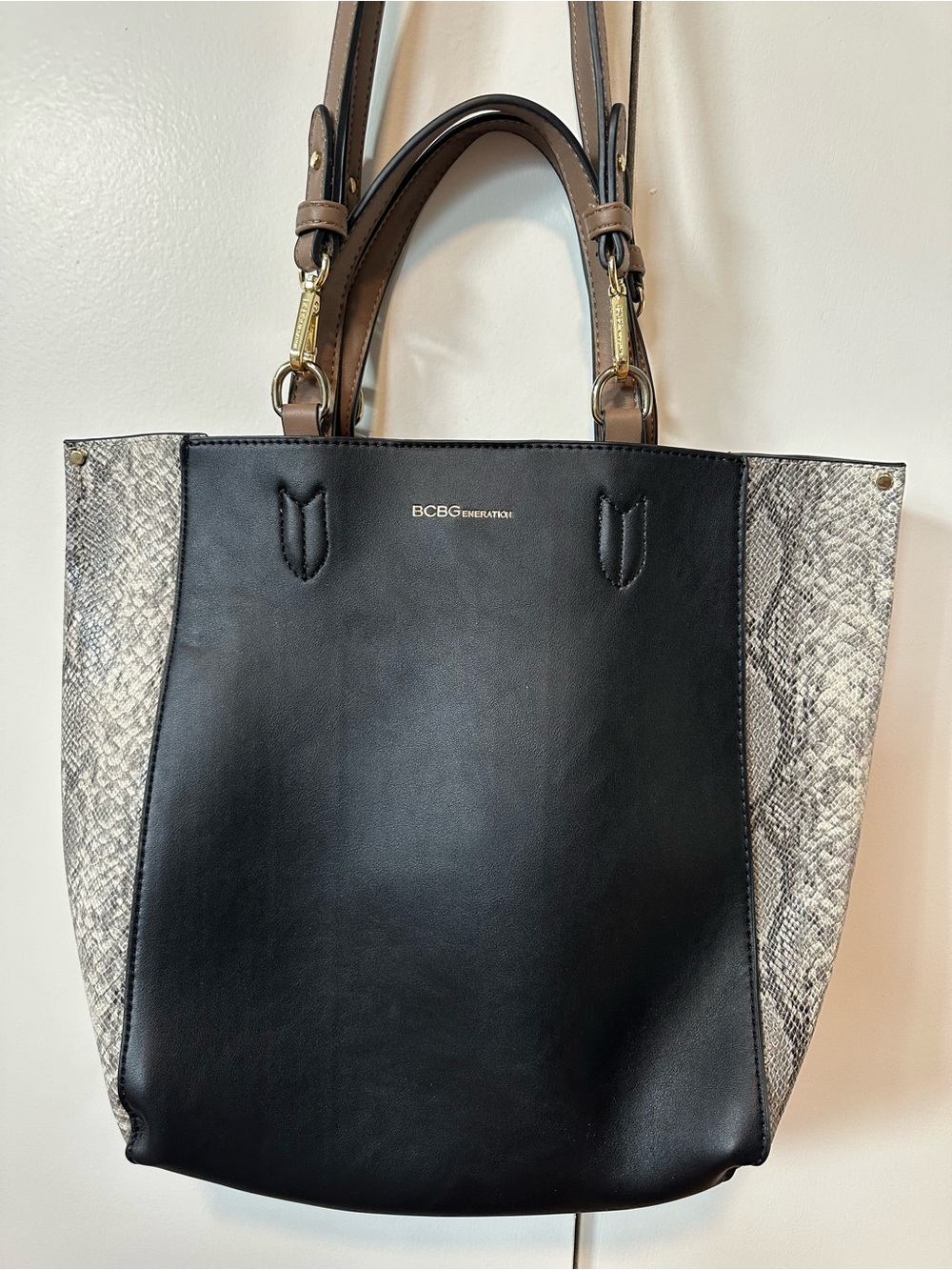 BCBGeneration Black with Snake-Print Side Panels Tote